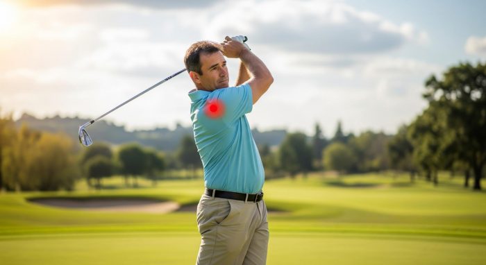 Man facing the shot swinging a golf club with a red dot on his shoulder area