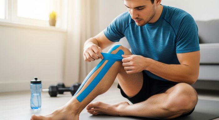 Man sat on the floor using kinesiology tape