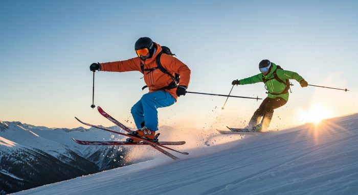 Two people skiing performing a jump