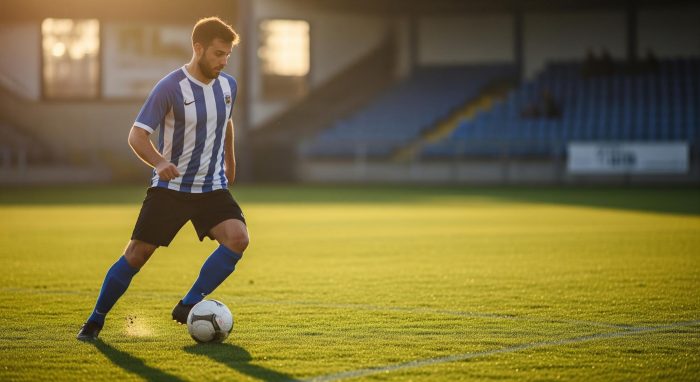 Man dribbling a football on an empty football pitch