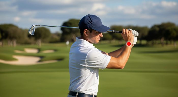 Man in a navy cap swinging a golf club with a red dot on his wrist