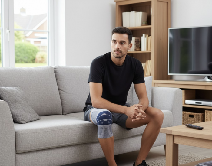 Man sat on the sofa wearing a knee brace