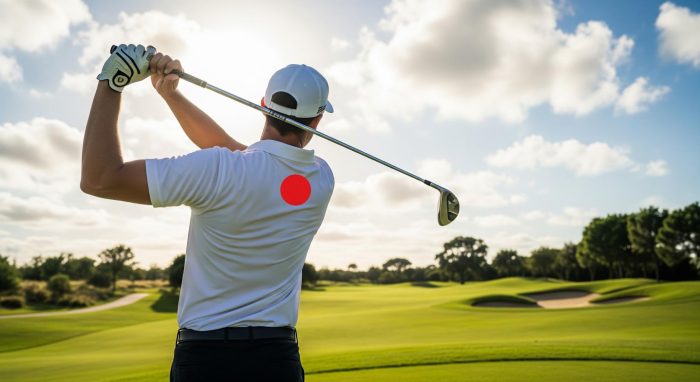 Man swinging a golf club facing away from the shot with a red dot on his back 