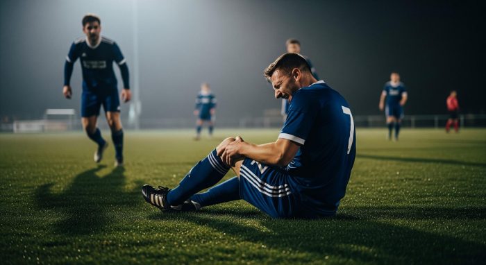 Man screaming in pain holding his leg sat on the floor whilst playing football