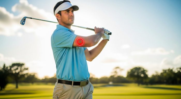Man wearing a visor swinging a golf club with a red dot on his elbow
