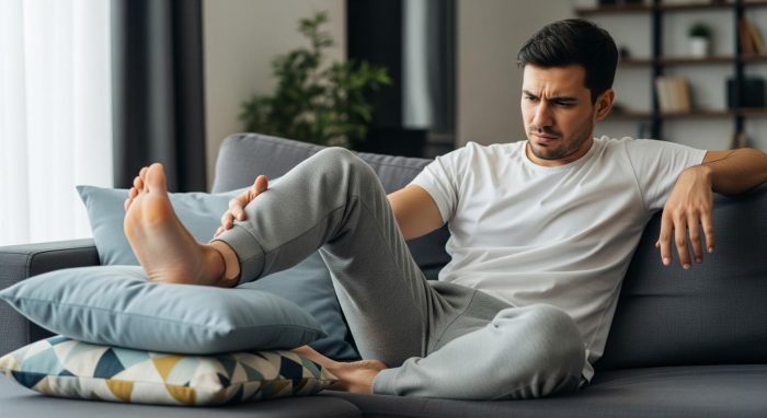 Man sitting on a sofa with his foot raised on two cushions